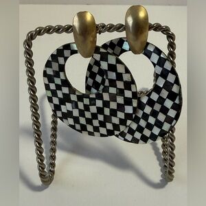 Vintage Black White Checker Hoop Earrings Oversized Statement Brass Boho Retro